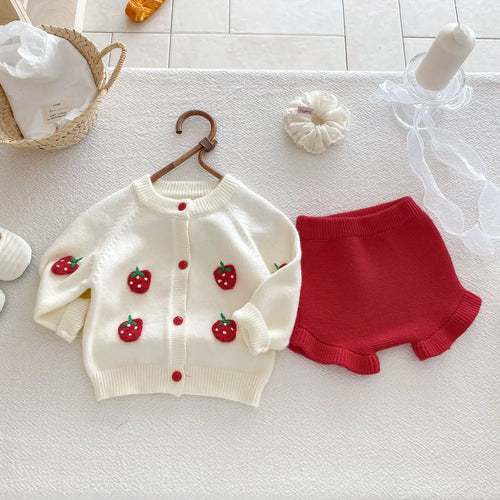 2026 Spring Korean Infant Baby Girl Cotton Knit Set Newborns Strawberry Embroidered Cardigan Ruffle Bloomer Shorts 2pcs Suit