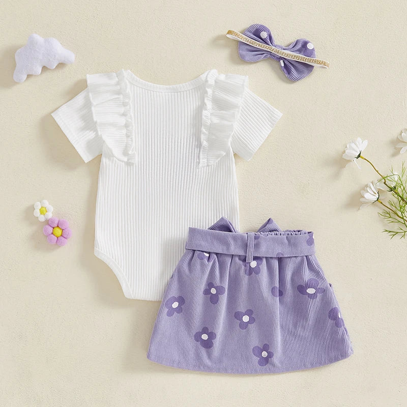 Adorable Baby Girl Floral Print Romper with Matching Skirt and Headband Set for Summer Outings and Photoshoots