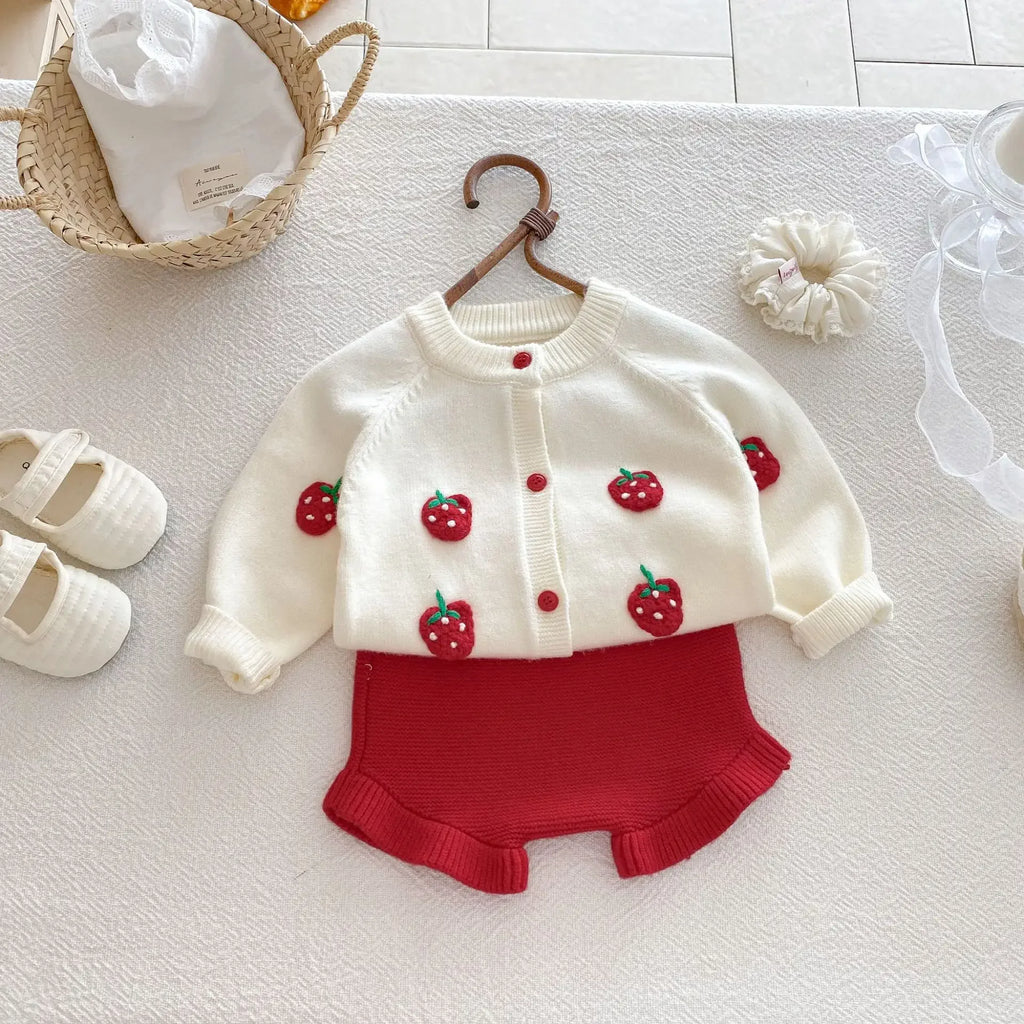 2026 Spring Korean Infant Baby Girl Cotton Knit Set Newborns Strawberry Embroidered Cardigan Ruffle Bloomer Shorts 2pcs Suit